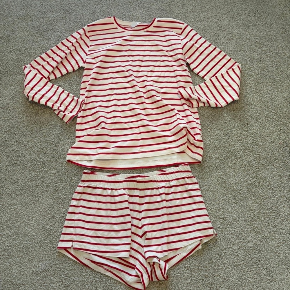LAKE Pajama Set Womens S Red Striped Pima Cotton Long Sleeve Shorts Lounge
